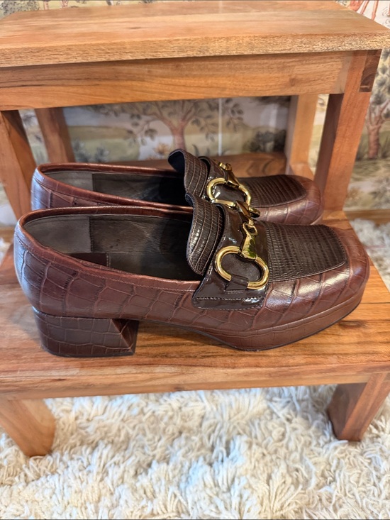 Jeffrey Campbell Shoes - Jeffrey Campbell Brown Croc-Embossed Loafers / platforms with Gold Bit